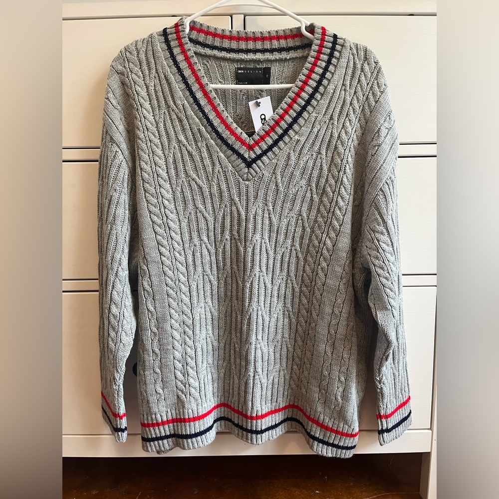 ASOS Gray Cable Knit Sweater with Red and Blue Accents
